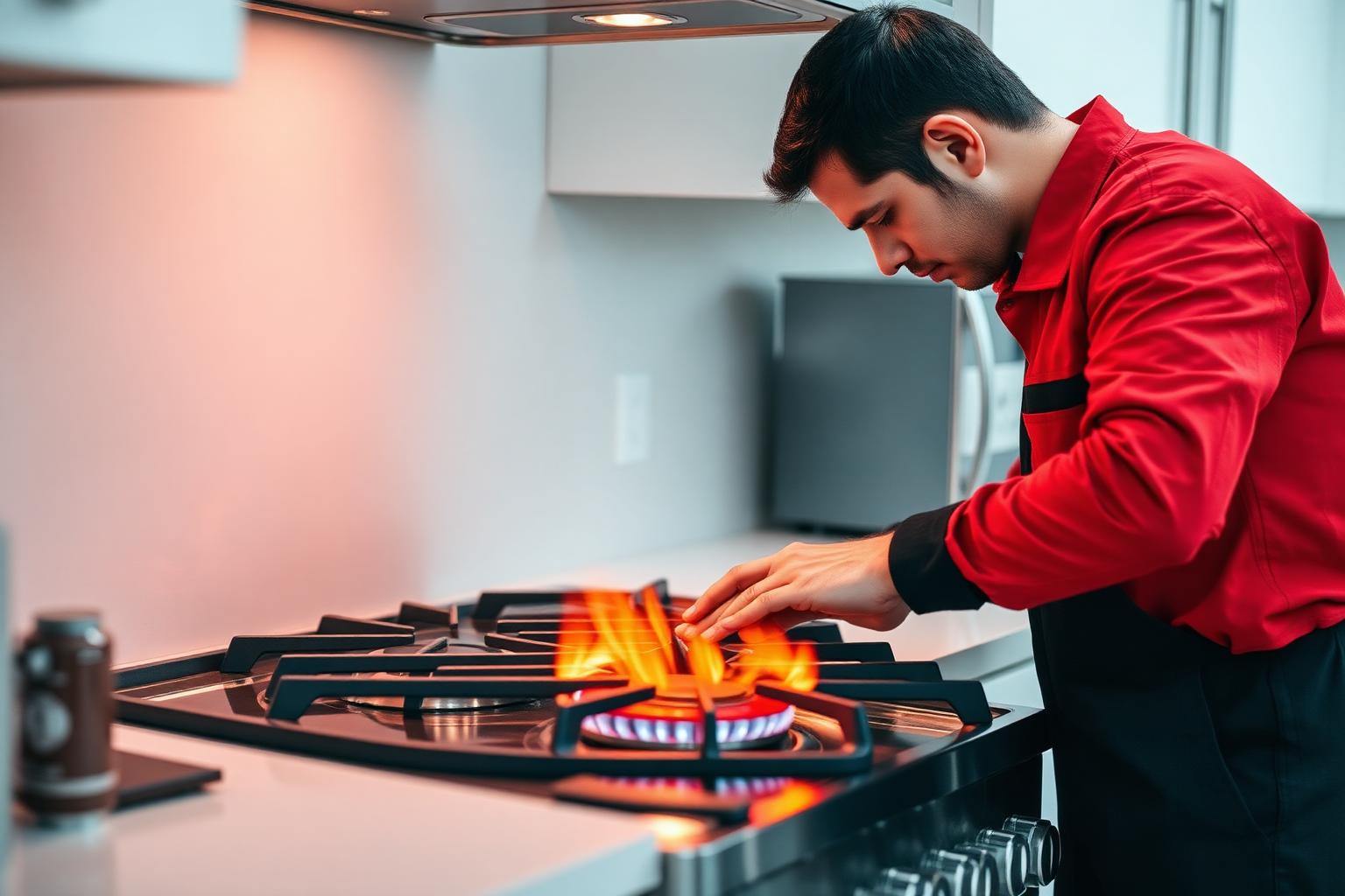 Grow Gas technician repairing a premium gas stove in a modern kitchen